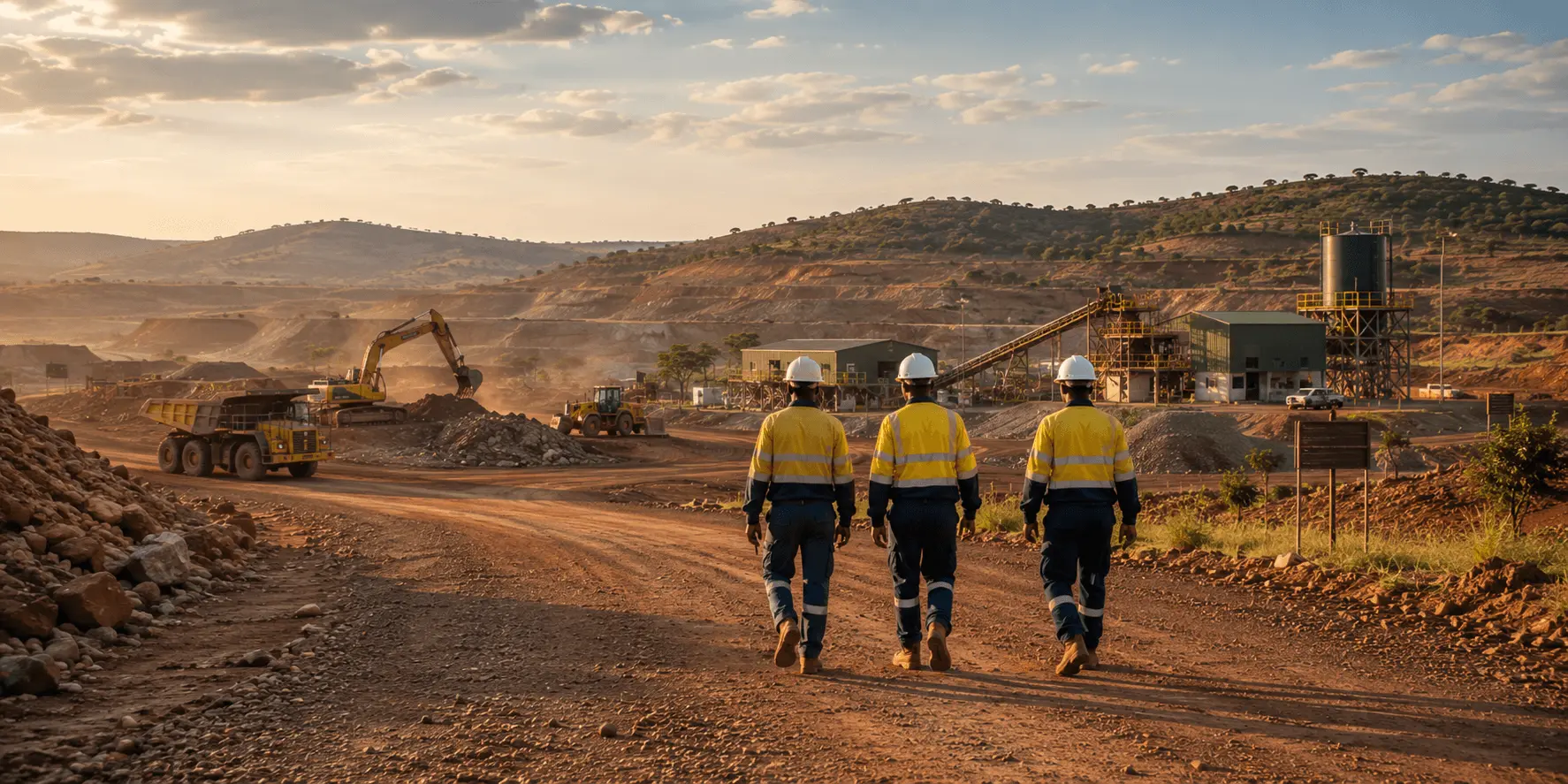 Mining professionals walking toward an active operations site