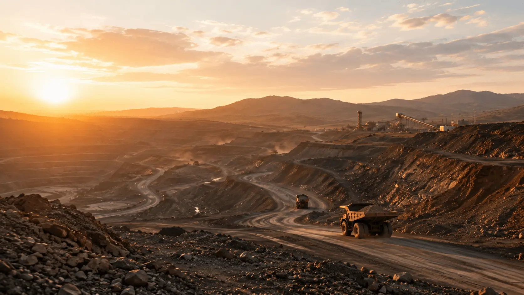 Open-pit mining operation at sunrise