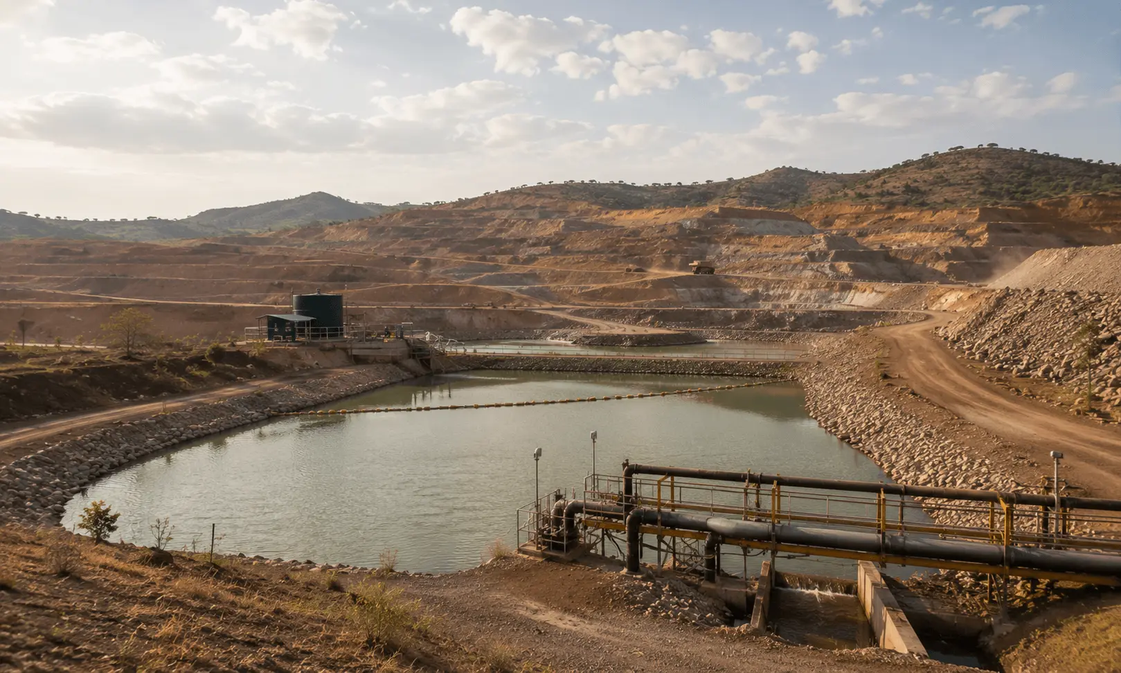 Water management pond at an open-pit mining site